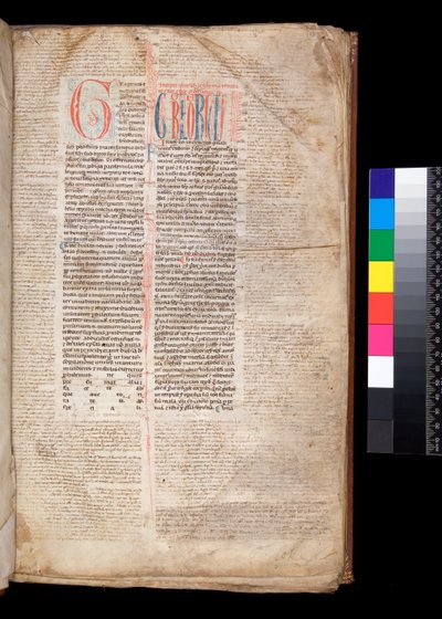 Ms 213. Gregory IX, Decretales with Apparatus av Bernardo Botone från Parma, F.1r. Initial [G] i rött med reserverad och blå pennarbetsdekoration av Italian School