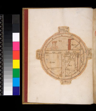 Ms 315. Horace, Ars Poetica och Epistulae, f.1v. T-O Karta över världen, med ett torn som representerar Jerusalem av Italian School