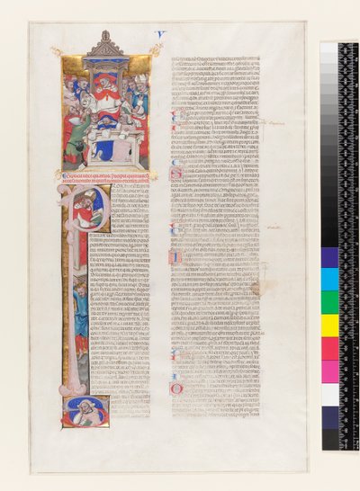Ms 331 fol.1r Textsida med ett historiskt initialt P och en miniatyr föreställande en kardinal på tronen, från bok V i Gregorius IX:s dekreter, från Bologna, ca 1350 av Italian School