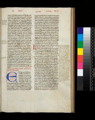 Ms 342. Caesar, Opera, f.38r. Initial [E] i blått med pennblomstrad dekor i rött av Italian School