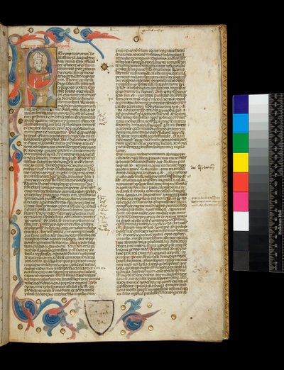 Ms 370. Orosius, Berättelsen om hedningarna mot hedningarna Upplyst bebodd initial [P], med porträtt av författare klädd som en biskop, och partiell kant med bladmotiv, Bologna eller Padua av Italian School