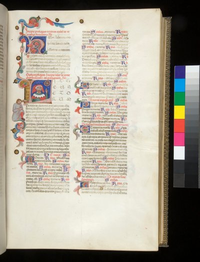 Ms 390. Seneca den yngre, Opera och Seneca den äldre, Excerpta controversiarum, f.95r. Bebodd initial [L], med porträtt av Seneca som pekar på lyckohjulet och på en nedslagen mansfigur i gränsen av Italian School