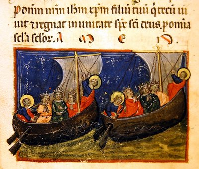 Fröken. 406, miniatyr från historien om byggnaden och konstruktionen av Johannes evangelistens kyrka, ca 1330-40 av Italian School
