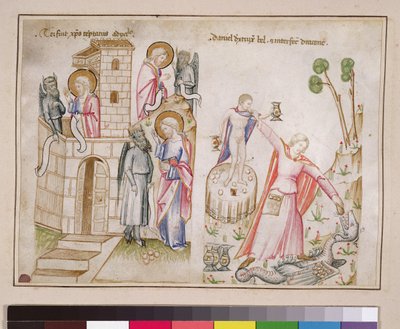 Ms 43-1950 (5v) Christs Temptation, Daniel förstör Bel, från Speculum Humanae Salvationis av Italian School