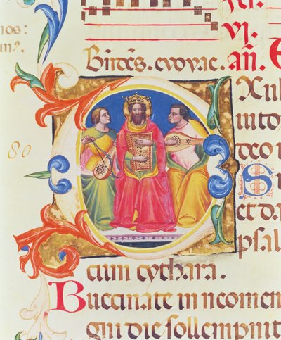 Ms. 559 f.155v Historikert initial O som föreställer kung David och två änglar, från Santa Maria Novellas psalter, upplyst av Paolo Soldini (fl.1342-86) 1379 av Italian School