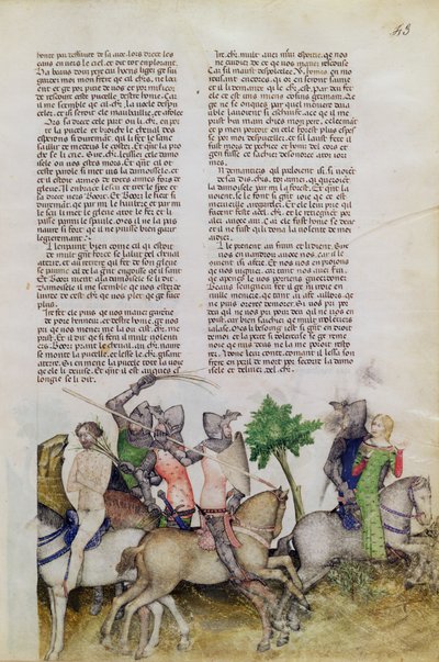 Fr 343 fol.43 En riddare av det runda bordet, Sir Bors, tvingas göra ett val mellan att rädda sin bror Lionel eller rädda en flicka, från Queste del Saint Graal, ca 1380-85 av Italian School