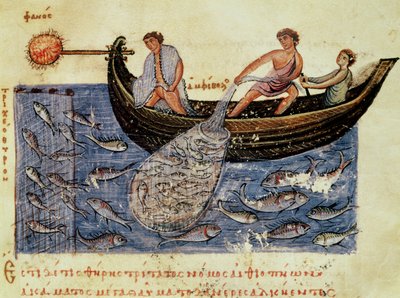 Ms Grec 479 Fishing with a Net, illustration från Halieutica av Oppian (tempera på veläng) av Italian School
