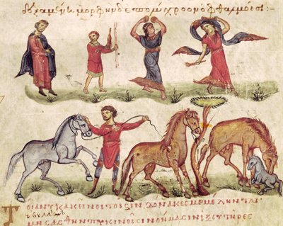 Ms Grec 479 Horse Trainers, illustration från Halieutica eller Cynegetica av Oppian av Italian School