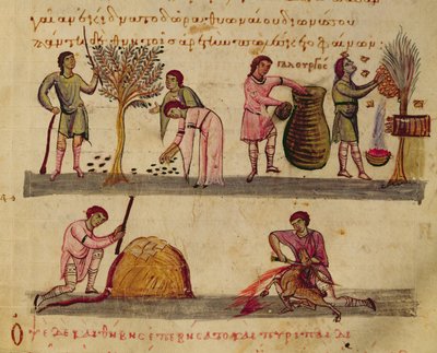 Ms Grec 479 Arbetar i fält, illustration från Cynegetica av Oppian (tempera på vellum) av Italian School