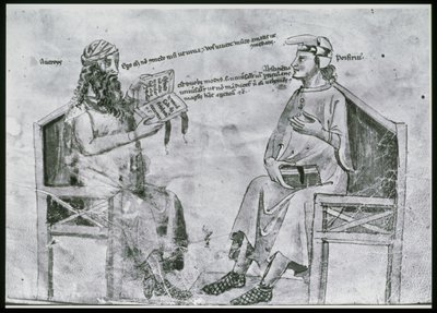 Ms Lat 6823 fol.2 Averroes (1126-98) i samtal med porfyr (c.232-c.305) (penna & bläck och tvätt på papper) av Italian School