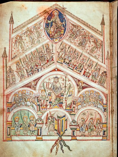 Ms. Plut.12.17 f.2v Den himmelska staden med Kristus på tronen, illustration till utgåvan av originaltexten skriven av St. Augustinus av Hippo (354-430) i 413-426, från De Civitate Dei, (11-12:e) av Italian School