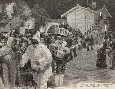 Musikkiosk för att samla in pengar till blinda, Pulcinella-mask, karneval i Neapel, Italien, gravyr från teckning av Matania, gravyr av Gamberoni från L