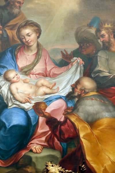 Julkrubba. Tillbedjan av magi. Färsk. Santa Maria delle Vigne basilikan. Genua. Italien. av Italian School