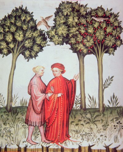 Nova 2644 fol.102v Två vänner ute på promenad tillsammans, från Tacuinum Sanitatis Codex Vindobonensis (vellum) av Italian School