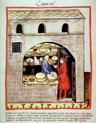 Nova 2644 fol.60v Säljer mogen ost, från Tacuinum Sanitatis av Italian School