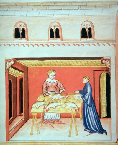 Nova 2644 fol.79v Slaktarna: Ta bort testiklar, från Tacuinum Sanitatis av Italian School