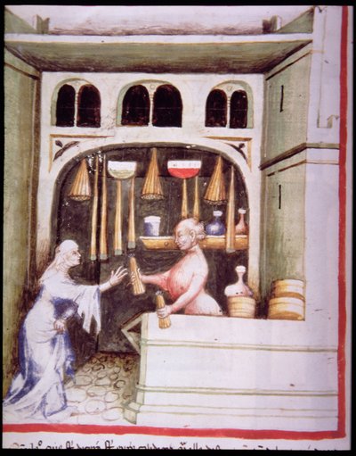 Nova 2644 fol.95v The Candle Shop, från Tacuinum Sanitatis av Italian School