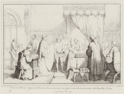 Obizzo da Polenta Signor di Ravenna lämnar döende, hans son Ostasius III rekommenderade att ... (gravyr) av Italian School