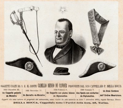 Föremål som används av Camillo Benso conte di Cavour (1810-1861) - hattar och insignier för hans politiska och diplomatiska funktioner, med den stora sladden av Saint Maurice och Saint Lazarus orden (Ordine dei Santi Maurizio e Lazzaro) - Gravyr 1800-talet av Italian School