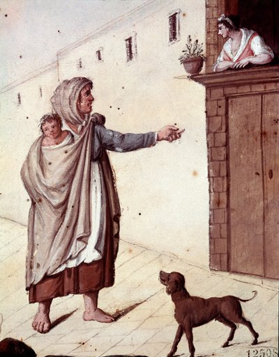 Gamla napolitanska metiers: en tiggare och hennes barn på Neapels gator - (Gamla napolitanska handel: en tiggare) 1800-talets akvarell - Neapel Museo Nazionale di San Martino av Italian School