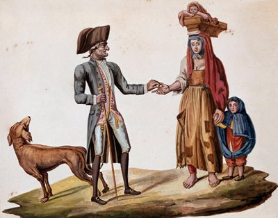Gamla napolitanska metiers: en adelsman ger ett mynt till en palmiscian - (Gammal napolitansk handel: en rik man ger pengar till en fattig berättare) 1800-talets akvarell - Neapel Museo Nazionale di San Martino av Italian School