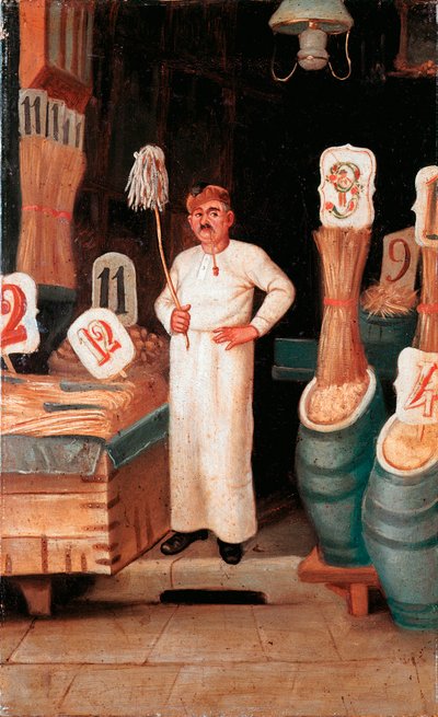 Gammal metier: pastaförsäljarens butik. Anonym detrampe. 1800-talet 1800-talets Nationalmuseum för Pasta, Agnesi Foundation, Rom av Italian School