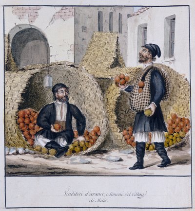 Apelsin- och citronförsäljare från Milis på Sardinien, tryckt ms.258, Luzzetti Collection av Italian School