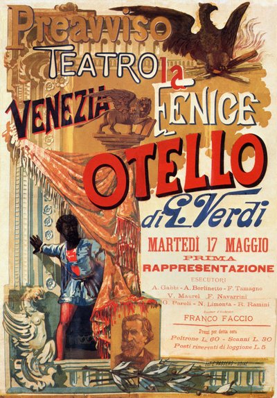 Otello: Affisch för den första föreställningen av Verdis opera Otello på Teatro Fenice i Venedig av Italian School
