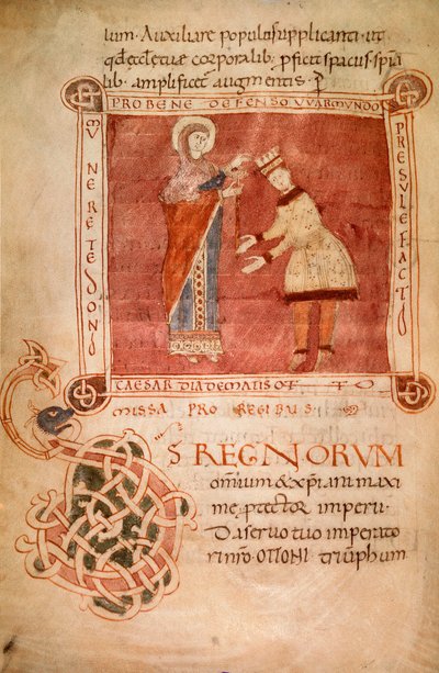 Otto I krönt av Jungfru Maria, från biskop Warmondos sakramentarie (vellum) av Italian School
