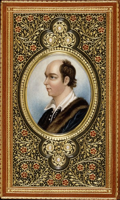 Ovalt miniatyrporträtt av Oliver Goldsmith, inramat med förgyllda trefoils satt med tre pärlor, 1831 av Italian School