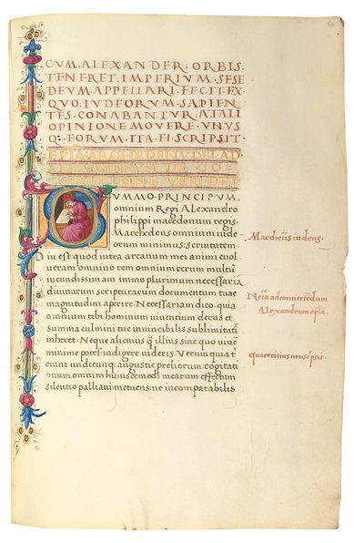 PSEUDO-ARISTOTLE, Secreta secretorum; "MARDOCHEUS IUDEUS", Epistola ad Alexandrum de cognitione veri dei; ADAM DE MONTALDO (fl. ca 1450-1495), Divinitus prolata iudicia sive premonita; Quedam alia summatim posita iudicia, Rom, ca 1490 (bläck och färg på ve av Italian School
