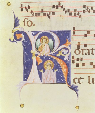 P 23 V Historikert initial "R" som visar en ängel och ett kvinnligt helgon (vellum) av Italian School