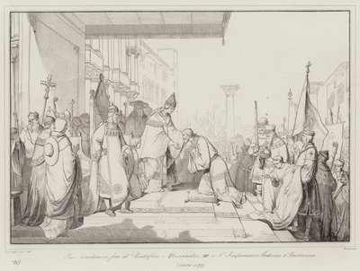 Fred slöts mellan påven Alexander III och kejsar Fredrik I Barbarossa av Italian School