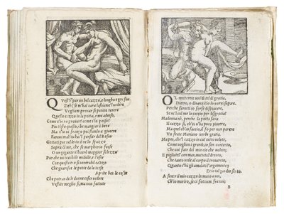 Sida från "Sonetti Lussuriosi" av Pietro Aretino, illustrerad av Giulio Romano och graverad av Marcantonio Raimondi, publicerad i Venedig, ca 1527 av Italian School
