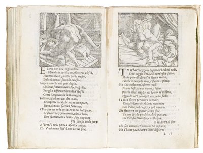 Sida från "Sonetti Lussuriosi" av Pietro Aretino, illustrerad av Giulio Romano och graverad av Marcantonio Raimondi, publicerad i Venedig, ca 1527 av Italian School
