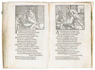 Sida från "Sonetti Lussuriosi" av Pietro Aretino, illustrerad av Giulio Romano och graverad av Marcantonio Raimondi, publicerad i Venedig, ca 1527 av Italian School