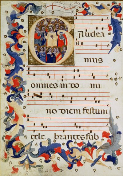 Sida med musiknotation med ett historiskt initialt G som visar en grupp helgon med St. Ursula i mitten, Bolognese School av Italian School