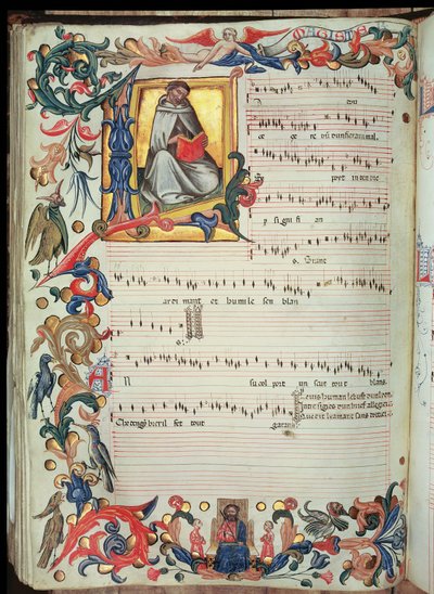 Sida med musiknotation med en historisk initial, från Squarcialupi Codex, producerad vid det florentinska klostret S. Maria degli Angeli (vellum) av Italian School