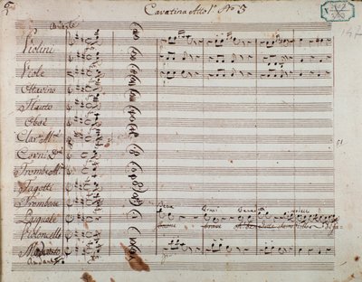 Sida med musik från akt I av operan "Olivo e Pasquale", av Gaetano Donizetti (bläck på papper) av Italian School