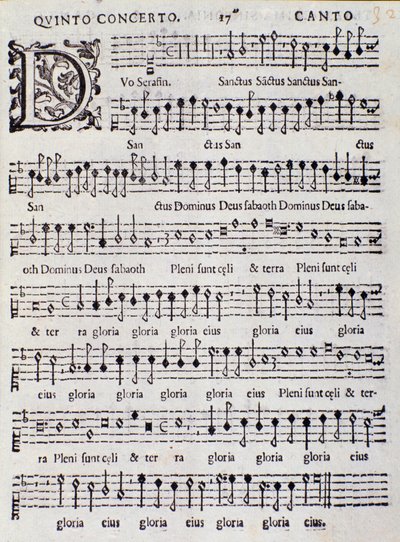 Sida med partitur av Concerto 5 i "" French Songs "" av Adriano Banchieri av Italian School
