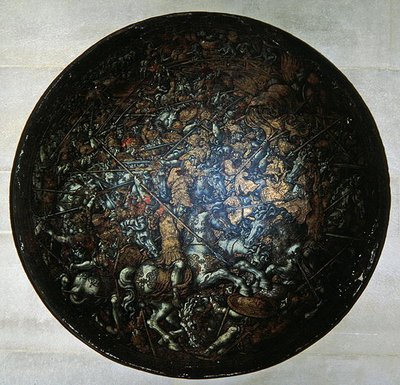 Pageant Shield med scener från romersk historia (målat trä) av Italian School