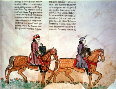 Pal Lat 1071 Fredrik II: Två ryttare med falkar, från De Arte Hunting with the Birds av Italian School