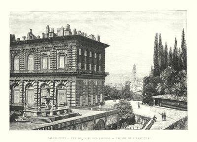 Pitti Palace, utsikt från sidan av trädgårdarna, fasaden på Ammanati (gravyr) av Italian School