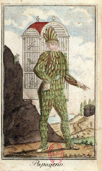 Fågelfångaren Papageno, från Trollflöjten av Wolfgang Amadeus Mozart (1756-91), av Italian School