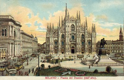 Piazza del Duomo, Milano (färglitografi) av Italian School