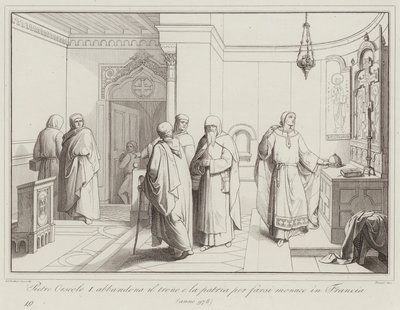 Pietro Orseolo I överger sin tron ​​och sitt hemland för att bli munk i Frankrike, 978 (gravyr) av Italian School