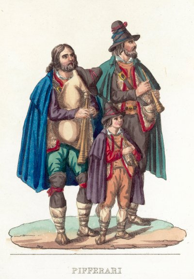 Pifferari (färgad gravyr) av Italian School