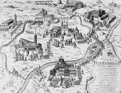 Pilgrimer som besöker Roms sju kyrkor under heliga året 1575, gravyr, Italien av Italian School