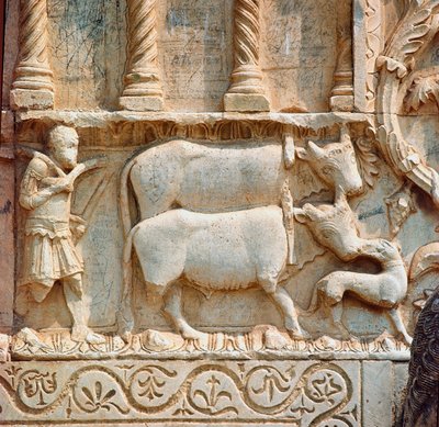 Pilling scen. Detalj. Lågrelief från 1100-talet. Kyrkan San Pietro de Spoleto av Italian School