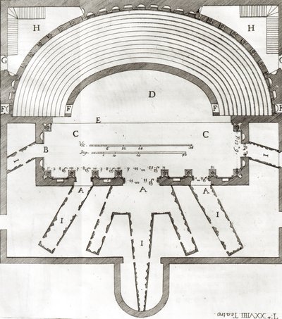 Plan av den olympiska teatern, Vicenza, designad av Andrea Palladio (1508-80) byggd 1580-85 av Italian School